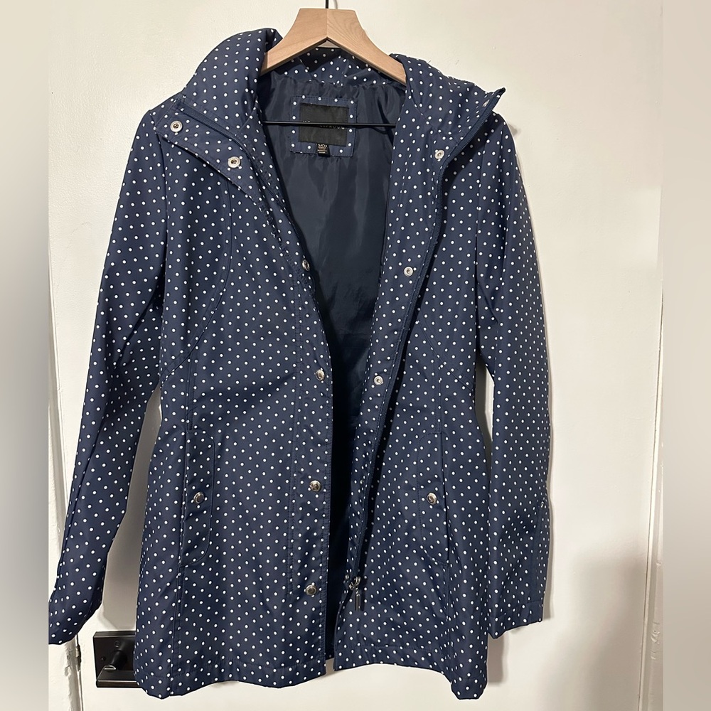 Weatherproof Blue and White Trench Coat with Polka Dots